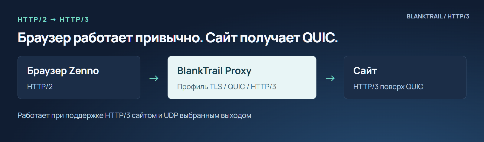 Браузер Zenno передаёт HTTP/2 в BlankTrail, который подключается к сайту по HTTP/3 поверх QUIC.