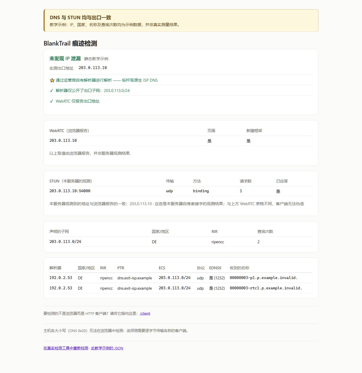 教学审计报告：DNS 和 ECS 与出口一致，WebRTC 和服务器侧 STUN 显示出口 IP。示例数据中设置了运营商 DNS、出口子网及 WebRTC 经过出口的确认项。