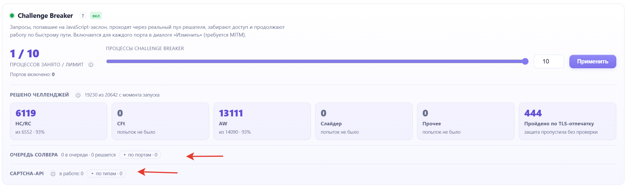 Блок Challenge Breaker в BlankTrail: стрелками отмечены раскрывающиеся строки «Очередь солвера — по портам» и «Captcha-API — по типам».