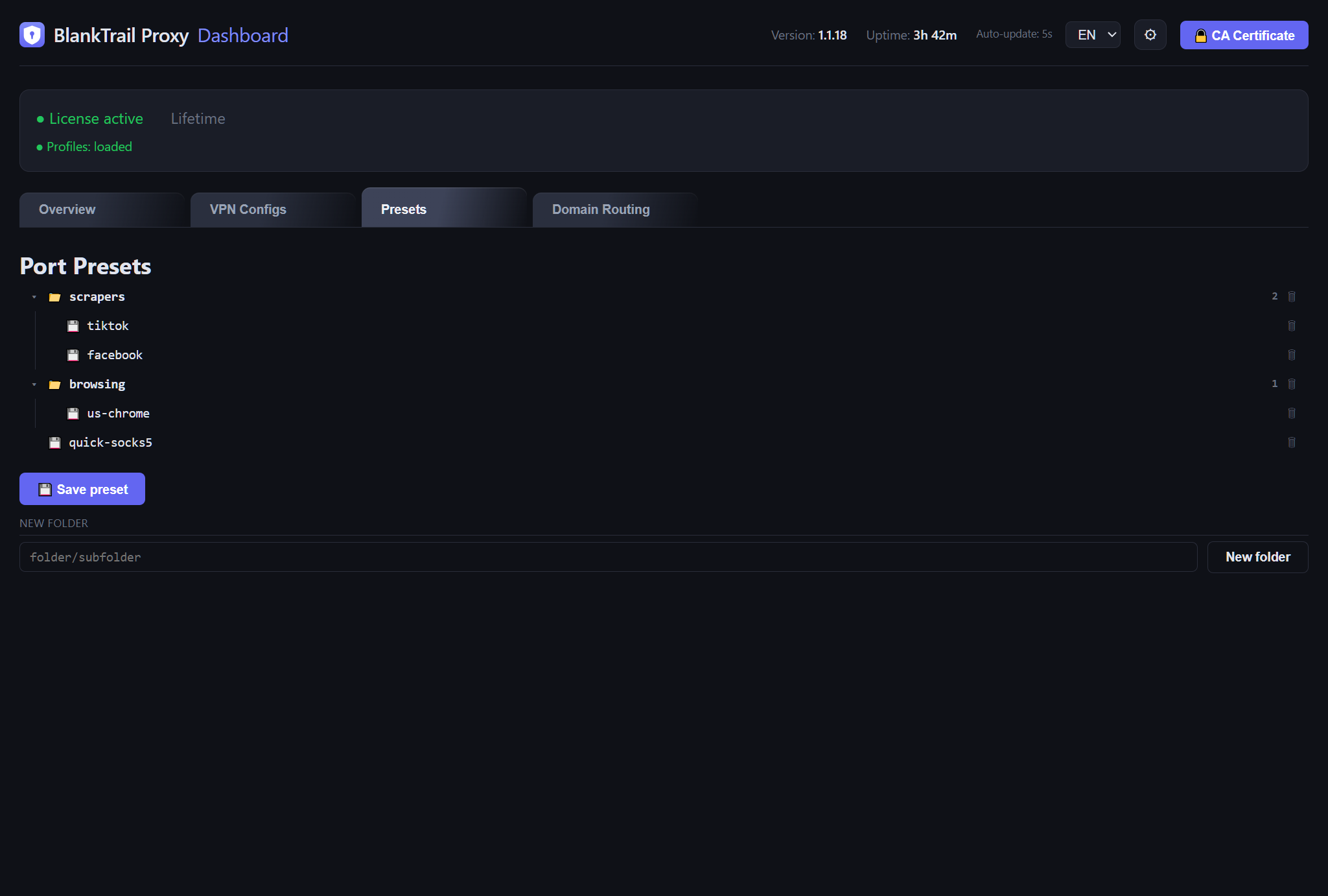 Presets tab showing a folder tree of saved port configurations