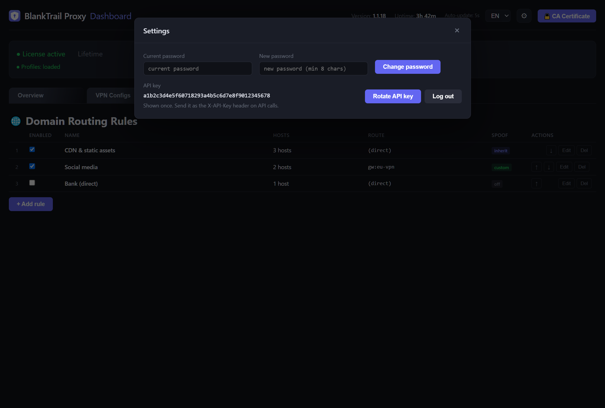 Settings dialog showing password change and API key