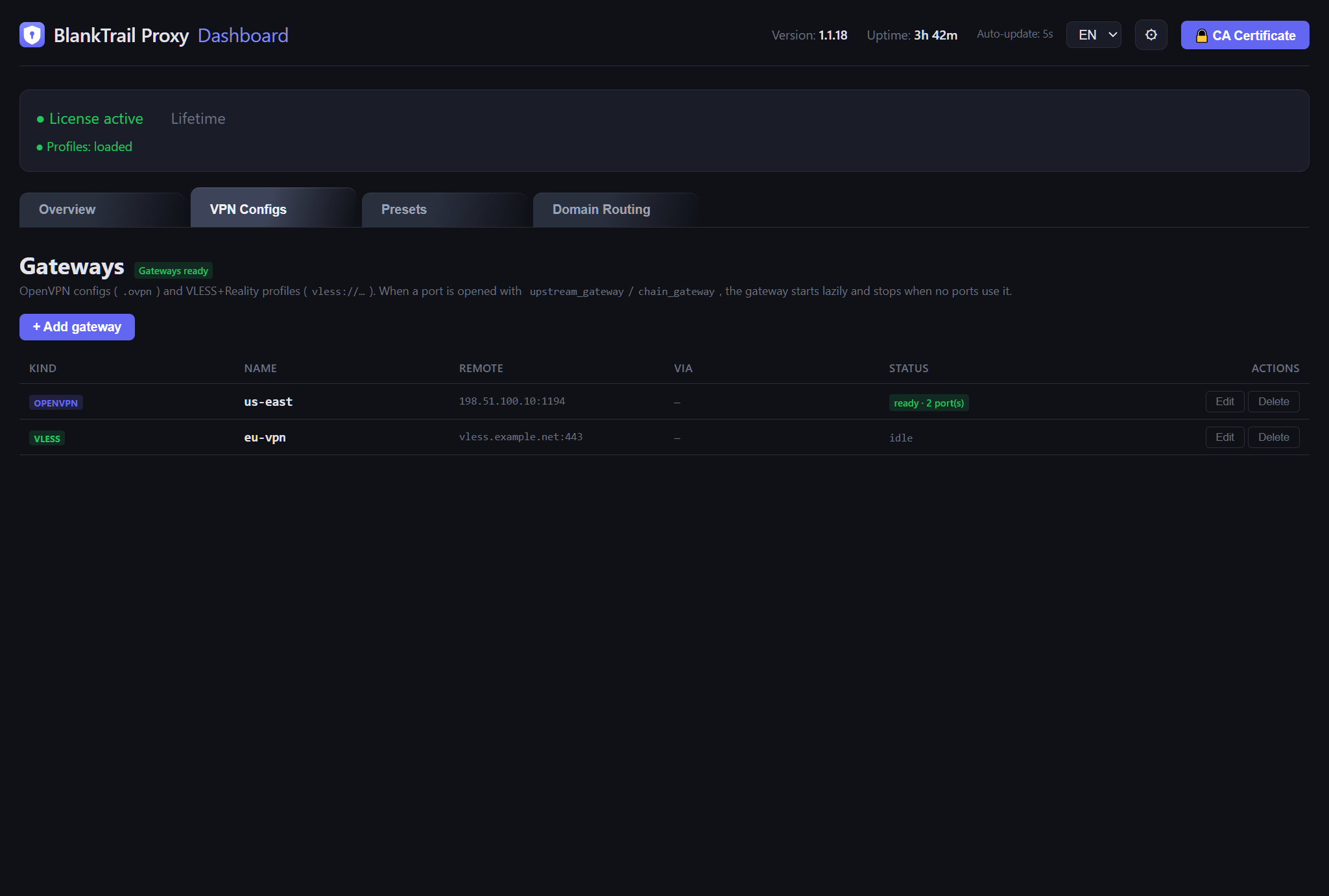 VPN Configs tab listing saved OpenVPN and VLESS gateways